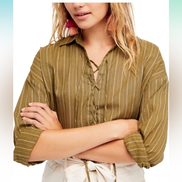 Free People Under The Boardwalk Linen Lace Up Blouse - Picture 1 of 5